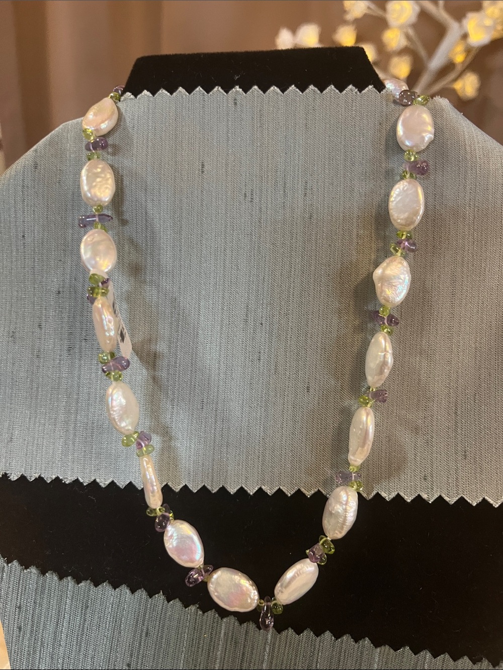 Freshwater Pearl and Peridot Necklace with Amethyst Accents